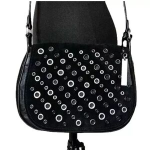 Vince Camuto Leather Suede Silver Grommets Art-to-Wear Shoulder Crossbody Purse